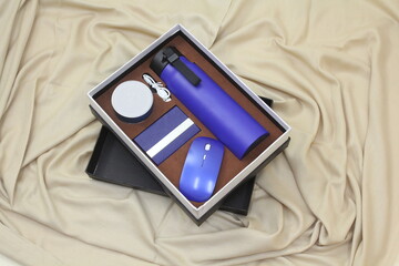 Isolated giftsets containing corporate gift items for branding and gifting.
