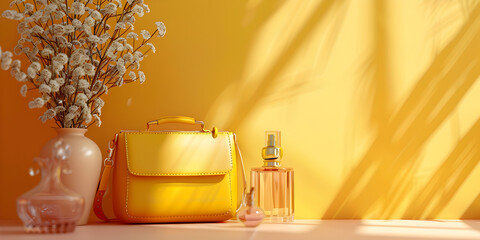 yellow bag woman accessories Minimal concept interior of living yellow tone on yellow floor and background.
