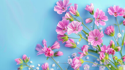 Fototapeta premium Vibrant digital art of pink flowers blooming profusely against a clear blue sky background.