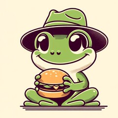 A green frog wearing a brown hat is eating a big burger.
