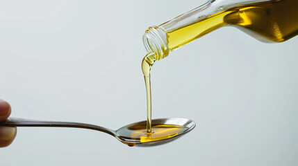 Pouring of olive oil from bottle into spoon on white b