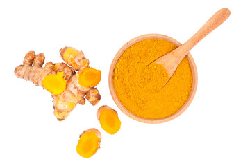 dried turmeric powder in both a wooden bowl and a wooden spoon with fresh turmeric rhizome isolated...