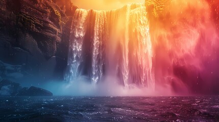 A cascading waterfall tumbling over a cliff of black rock, its misty spray catching the light and...