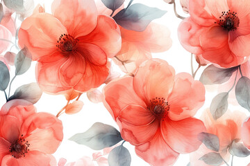 Red and Orange Poppies in the style of soft watercolor painting, seamless pattern on white background. Created with Ai