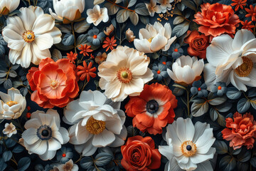  A wall covered in flowers, white and orange roses. Created with Ai