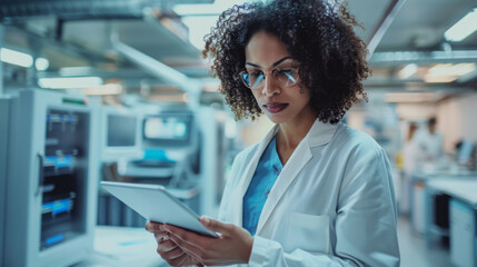 Focused African-American female scientist using a tablet to analyze data in a high-tech laboratory.