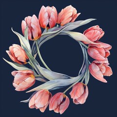 A watercolor painting of a wreath of pink tulips on a dark blue background.