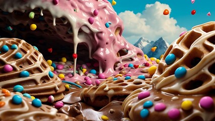 Chocolate Mountains with colorful sprinkles falling from the sky like rain