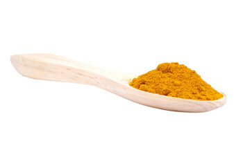 organic curcuma powder in a wooden spoon isolated transparent