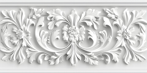  White classic ornate wall panel molding in a detailed baroque style, white floral background. 