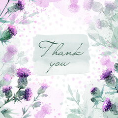Thank you card with pink thistle flowers. Fashionable, creative text background. Delicate floral arrangement with text.