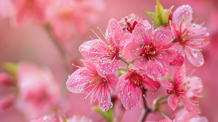 Fototapeta premium Close-up of delicate pink cherry blossoms covered in fresh dew on a soft pink background.