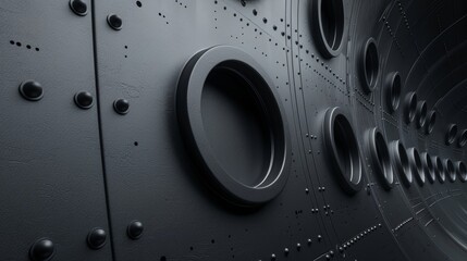 The image is a close-up of a black metal wall with rivets and portholes.