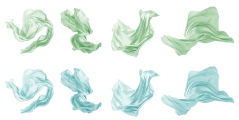 2 Collection set of pastel green turquoise silk satin cloth fabric floating flying in the air on transparent background cutout, PNG file. Mockup template for artwork graphic design