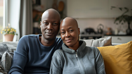 A bald-haired man and woman sit together on a comfortable sofa in the living room, showing their support on Cancer Day. AI Generated Images - Powered by Adobe