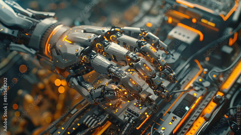 Poster a highly detailed robotic arm showing intricate mechanics and glowing elements within a futuristic t