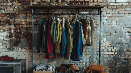 Rack with clothes near brick wall