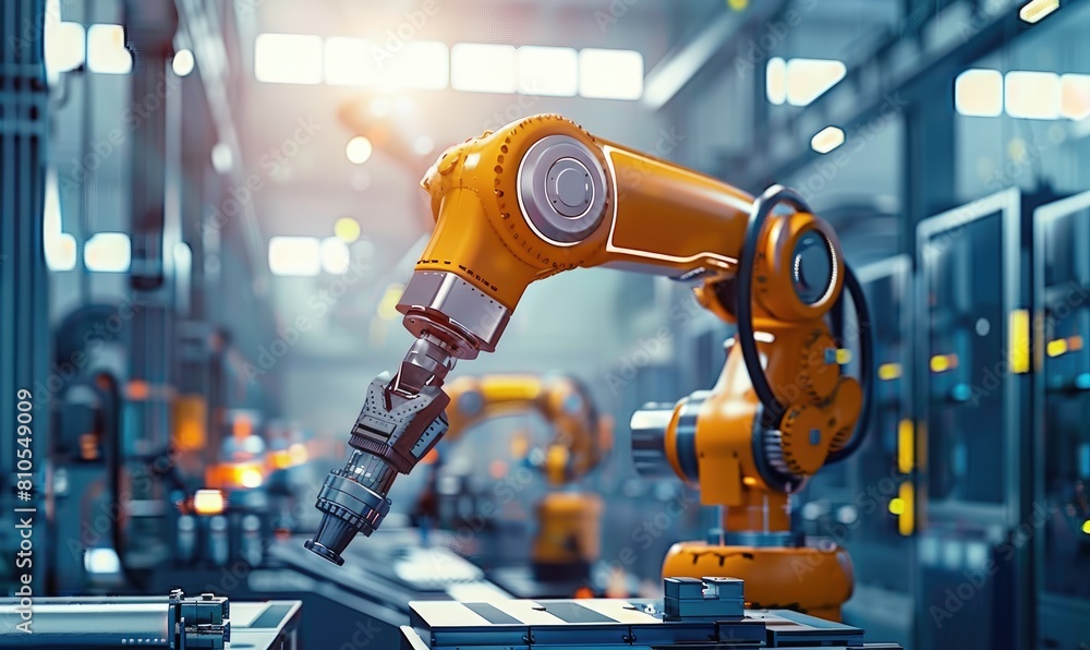 Poster yellow robotic hand working in an industrial factory with blur background. computer automation robot