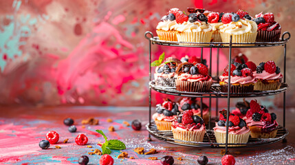 Rack with sweet cakes on color background