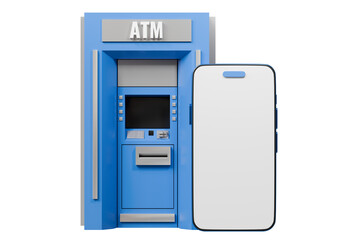 3d ATM Machine with mobile smartphone icon isolated on blue background. Money transfer account online, E-business finance money payment service concept. Minimal 3d ATM money tranfer icon. 3d render.