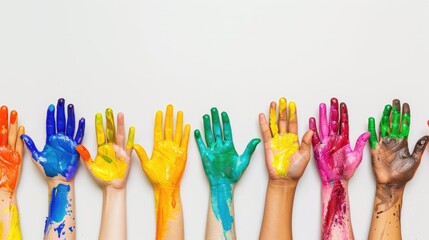 Human hands raised up stained with paint on a white background. Hands in a row.