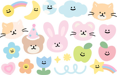 Pastel illustration of teddy bear, cat, bunny, flower, cloud, moon, rainbow, star, apple for cute animals, zoo, pet shop, spring, summer, cartoon, character, kids, toddler, stickers, fruits, weather