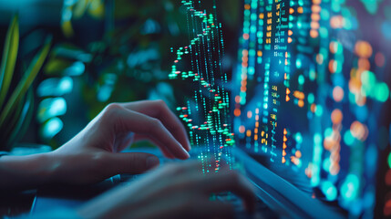 Digital data stream and coding revolution. Close-up of hands typing on laptop with futuristic digital code overlay, symbolizing advanced programming and cybersecurity in a tech-dominated world.
