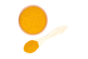 turmeric powder in both a bowl and a spoon isolated transparent