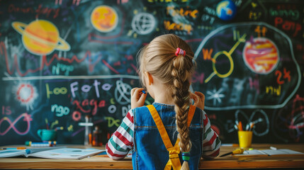 Young Explorer: A Child's Journey Through Learning and Discovery. Young girl stands in front of a vibrant chalkboard filled with imaginative and artistic science illustrations.