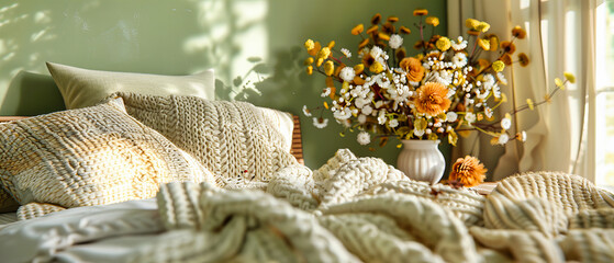 Serene Bedroom with Cozy Bedding, Fresh Flowers, and a Bright, Inviting Atmosphere for Relaxation