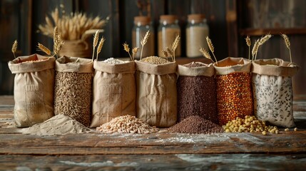 Assortment of whole grains and flours displayed in paper bags with wheat spikes, symbolizing organic farming.