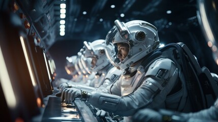 Fototapeta premium Team of astronauts in a space suits aboard the orbital station. A crew of cosmonauts piloting the spaceship. People in space. Galactic travel and science concept.