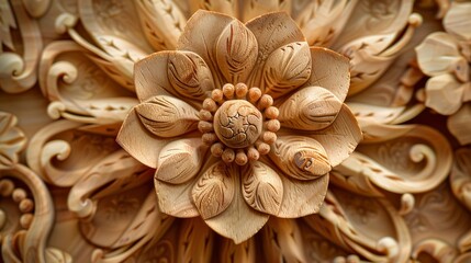 Detailed wooden sculpture featuring an ornate central flower surrounded by swirling patterns in a rustic setting.