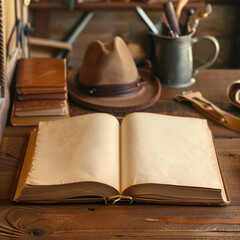 Naklejka premium Mockup of blank pages of an classic old notebook, vintage brown pages with copy-space for text on a cowboy theme background.