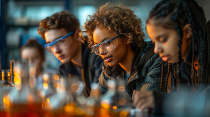 a multicultural group of students collaborating on a science project in the classroom