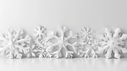   A collection of snowflakes aligning on a pristine white surface before a backdrop of an unblemished white wall