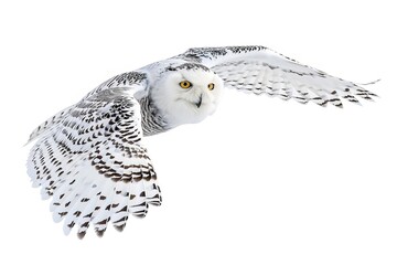 Majestic snowy owl in flight photo on white isolated background