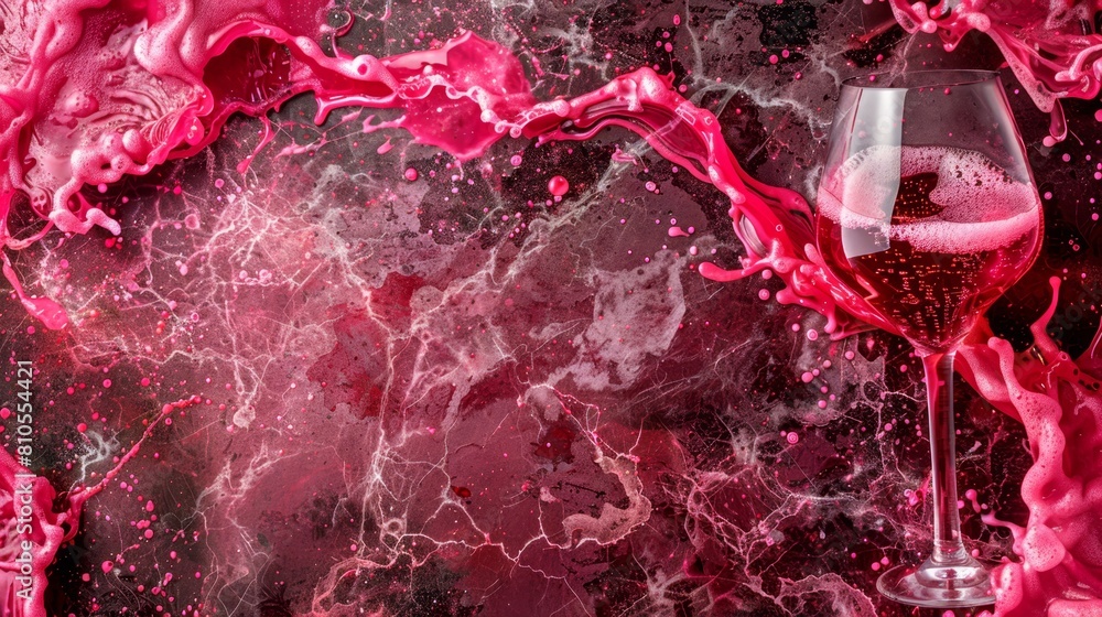 Poster   A glass of wine resting on a table, nearby is a red and pink liquid that splashes onto it