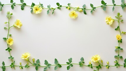   A yellow flower cluster against a white backdrop, framed by green leaves above and below