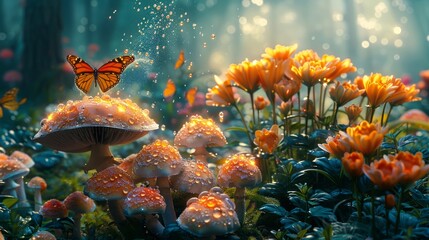 Bright mushrooms with glowing edges in a dense floral garden as a butterfly flutters by sprinkling fairy dust.