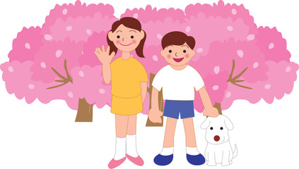 桜と兄妹とペット犬
