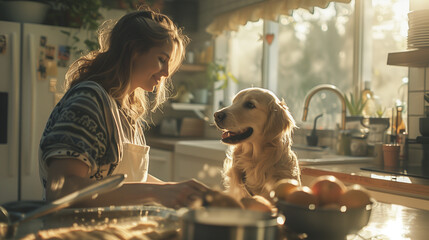 portrait of a woman and their dog cooking in the kitchen together