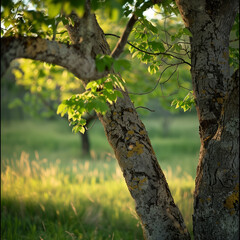 Obraz premium Sunlit Tree Trunk and Foliage in a Serene Meadow
