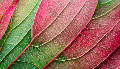 Colorful red pink green macro foliage leaf vein texture background, abstract natural texture