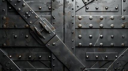 The image is of a large, metal door with rivets and a large metal crossbar. The door is dark and has a rustic appearance.