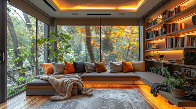 cozy reading corner in a modern home connected with nature