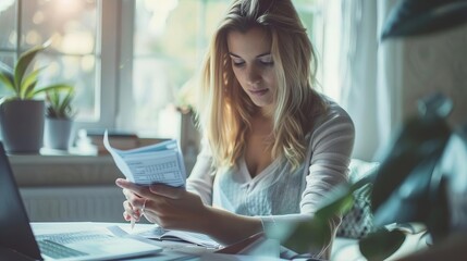 A woman engaged in home budgeting or personal finance management