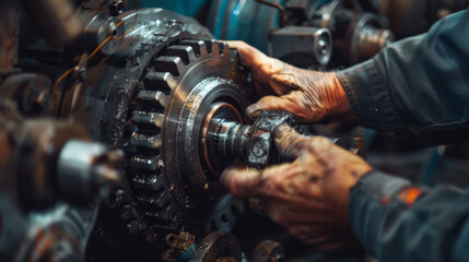 An elderly mechanic with skilled hands fixes parts of a large industrial machine.