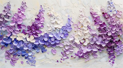 An abstract oil painting brings to life the harmonious interplay of purple and white lilac blooms on a white canvas, perfect of artwork.