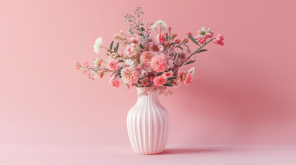 Vivid pink and white flowers create a lush bouquet in a sleek white vase against a soft pink backdrop.